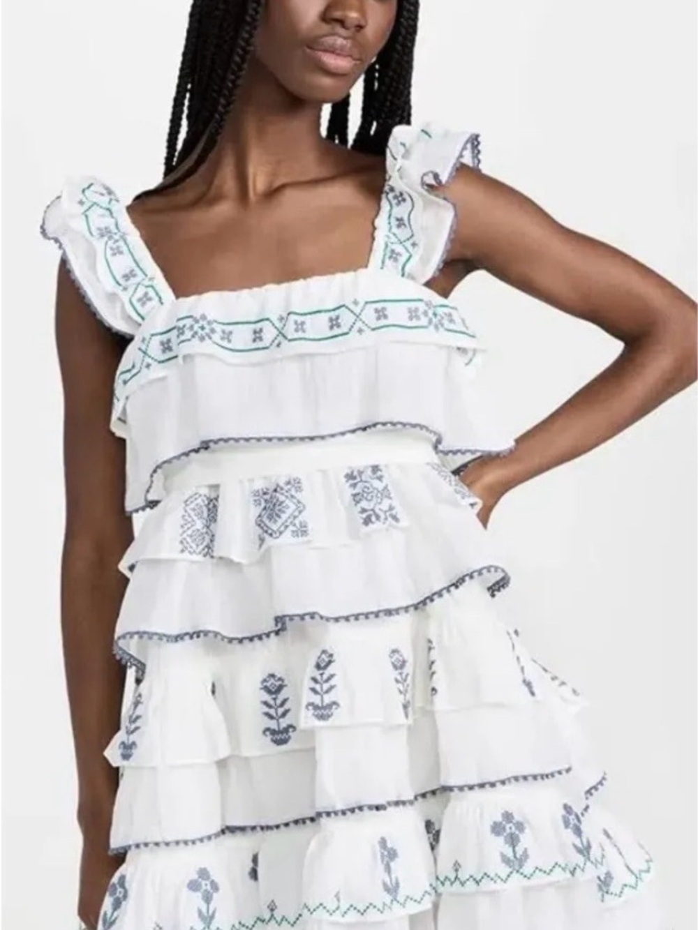White Tiered Ruffle Mini Dress with Blue Embroidery